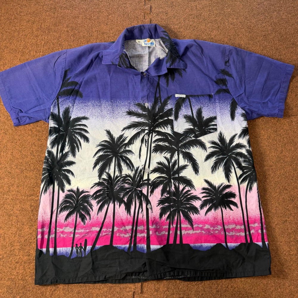 Windswept Bahamas Mens XXL Purple Palm Tree Tropical Sunset Cotton Aloha Shirt